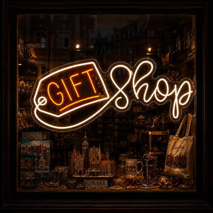 Neon „GIFT SHOP” z etykietą