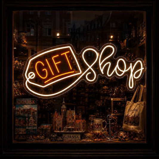 Neon „GIFT SHOP” z etykietą