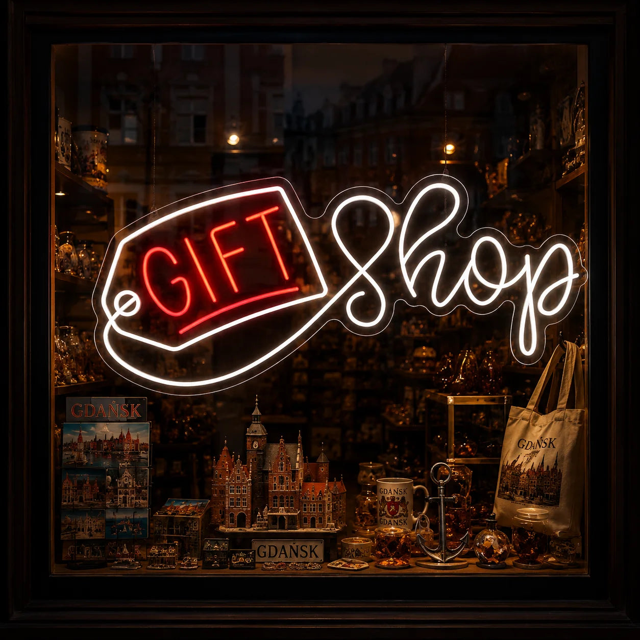 Neon „GIFT SHOP” z etykietą