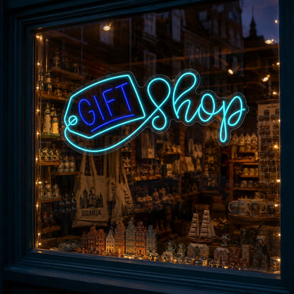 Neon „GIFT SHOP” z etykietą